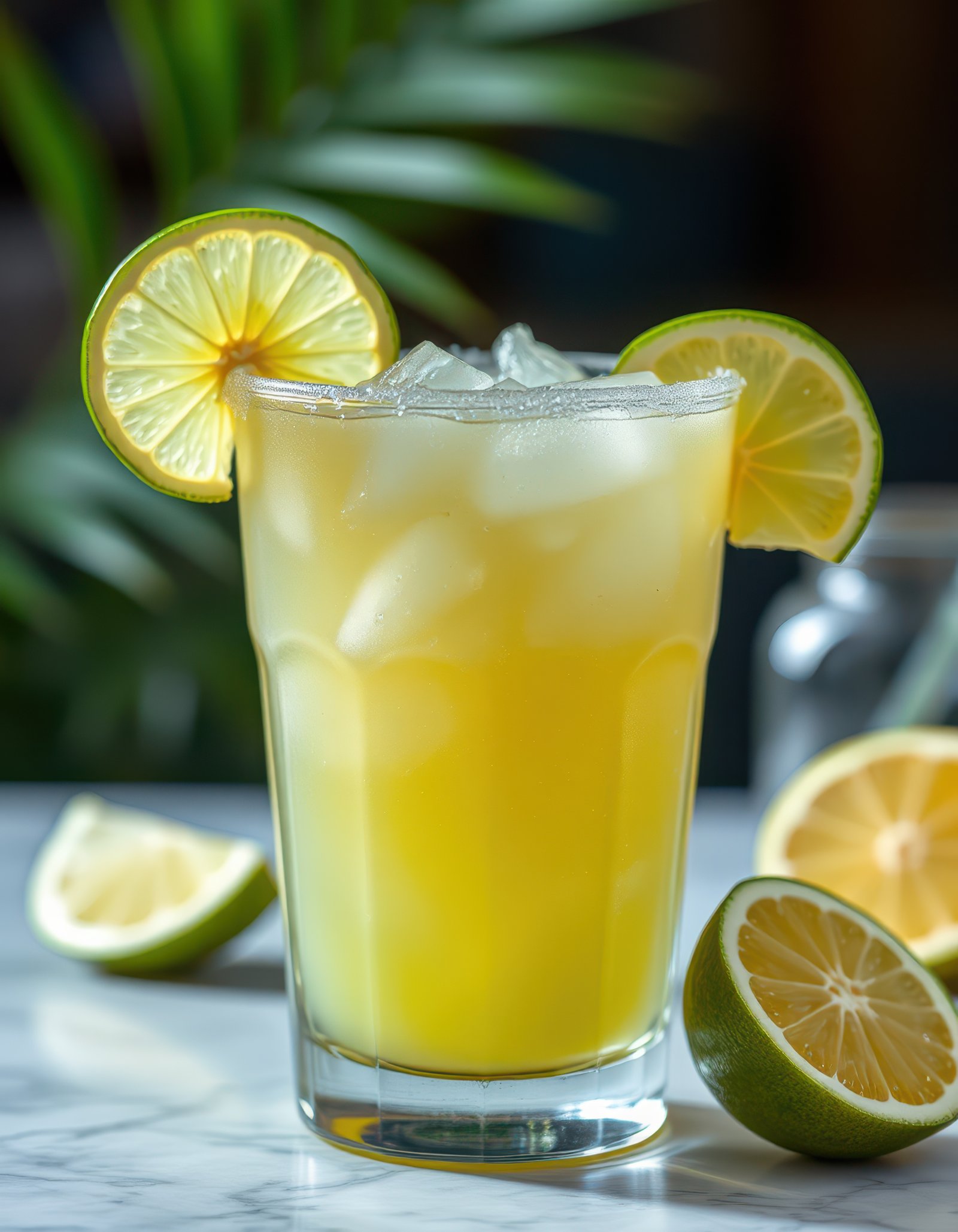 Refreshing citrus beverage garnished with lime and lemon on a marble surface